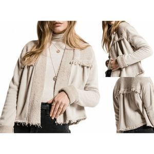 Anthro White Crow Cropped Fringe Open Front French Terry Cardigan Top Sage Sz. L